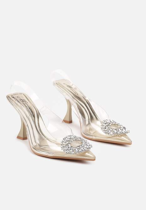 Złote Czółenka z Odkrytą Piętą i Transparentną Cholewką oraz Cyrkoniami Navieria