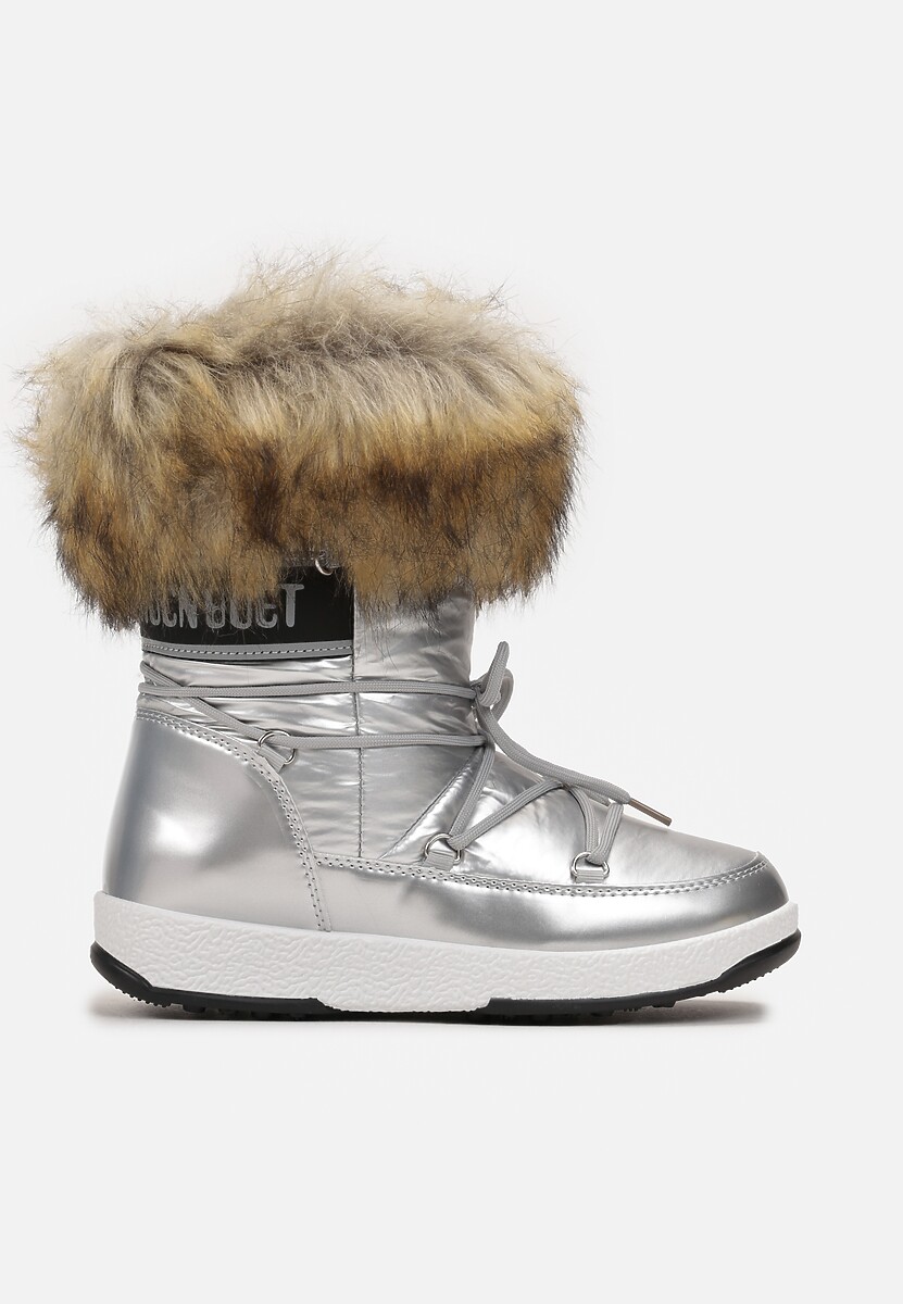 Srebrne Lakierowane Śniegowce Ozdobione Taśmą z Napisem i Futerkiem Altsie