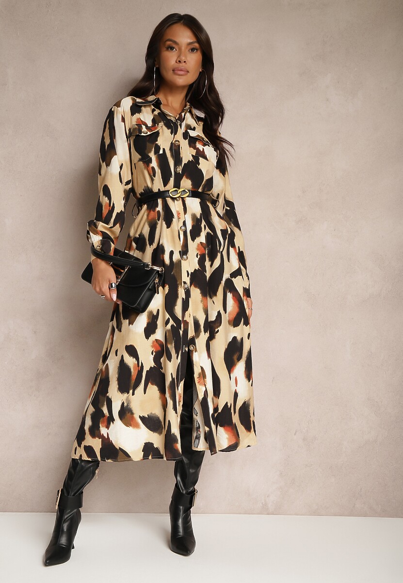 Beżowa Wzorzysta Sukienka o Koszulowym Kroju z Paskiem z Plecionki Mirirani