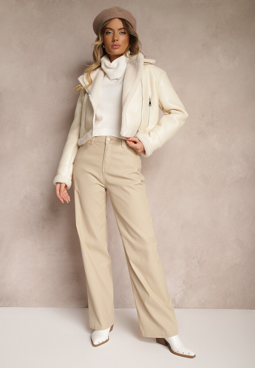 Beżowe Spodnie Woskowane o Szerokim Kroju High Waist Sezila