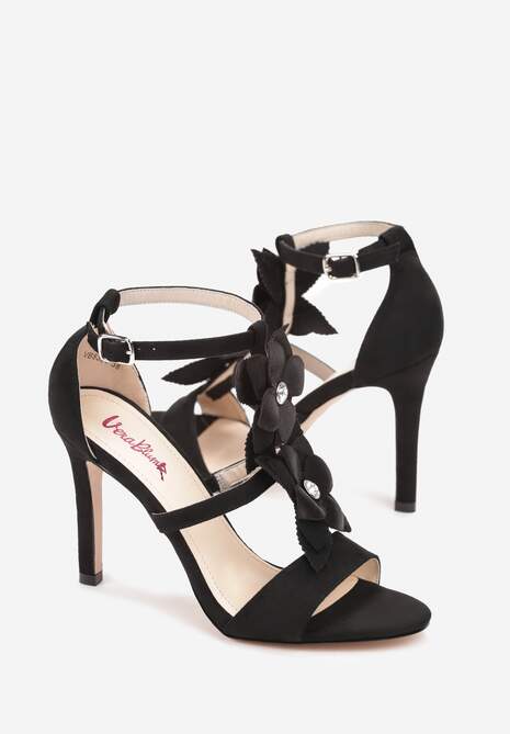 Czarne Sandały na Szpilce z Kwiatkami i Cyrkoniami Molaiah