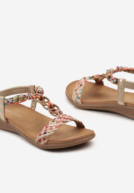 Złote Sandały Ozdobione Koralikami na Plecionych Paskach Wiagena