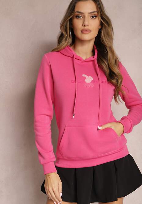 Różowa Ocieplona Bluza z Kapturem Ozdobiona Naszywką i Napisem Eirellia