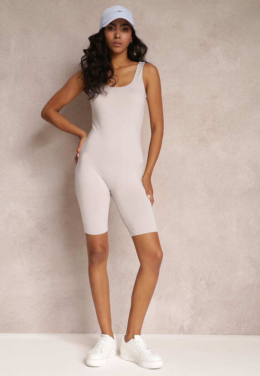 Jasnobeżowy Krótki Kombinezon Dzianinowy na Ramiączkach Deramine