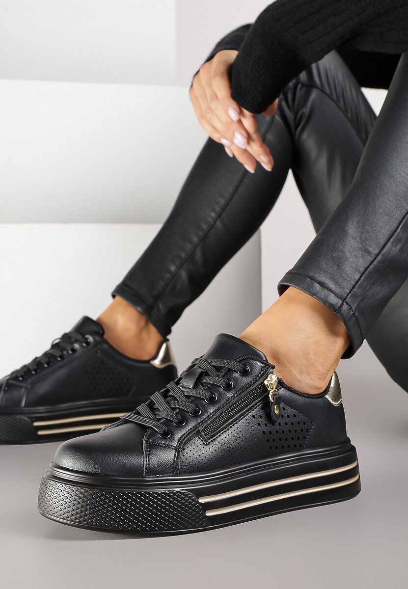 Beżowe Sneakersy na Platformie Ozdobione Suwakiem i Perforacją Gioseria