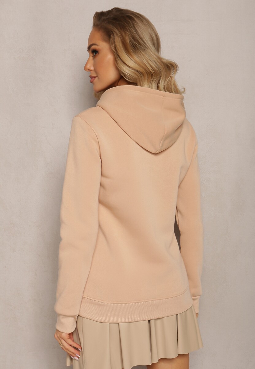 Beżowa Bluza Kangurka ze Ściągaczami z Nadrukiem i Polarem Simunsa