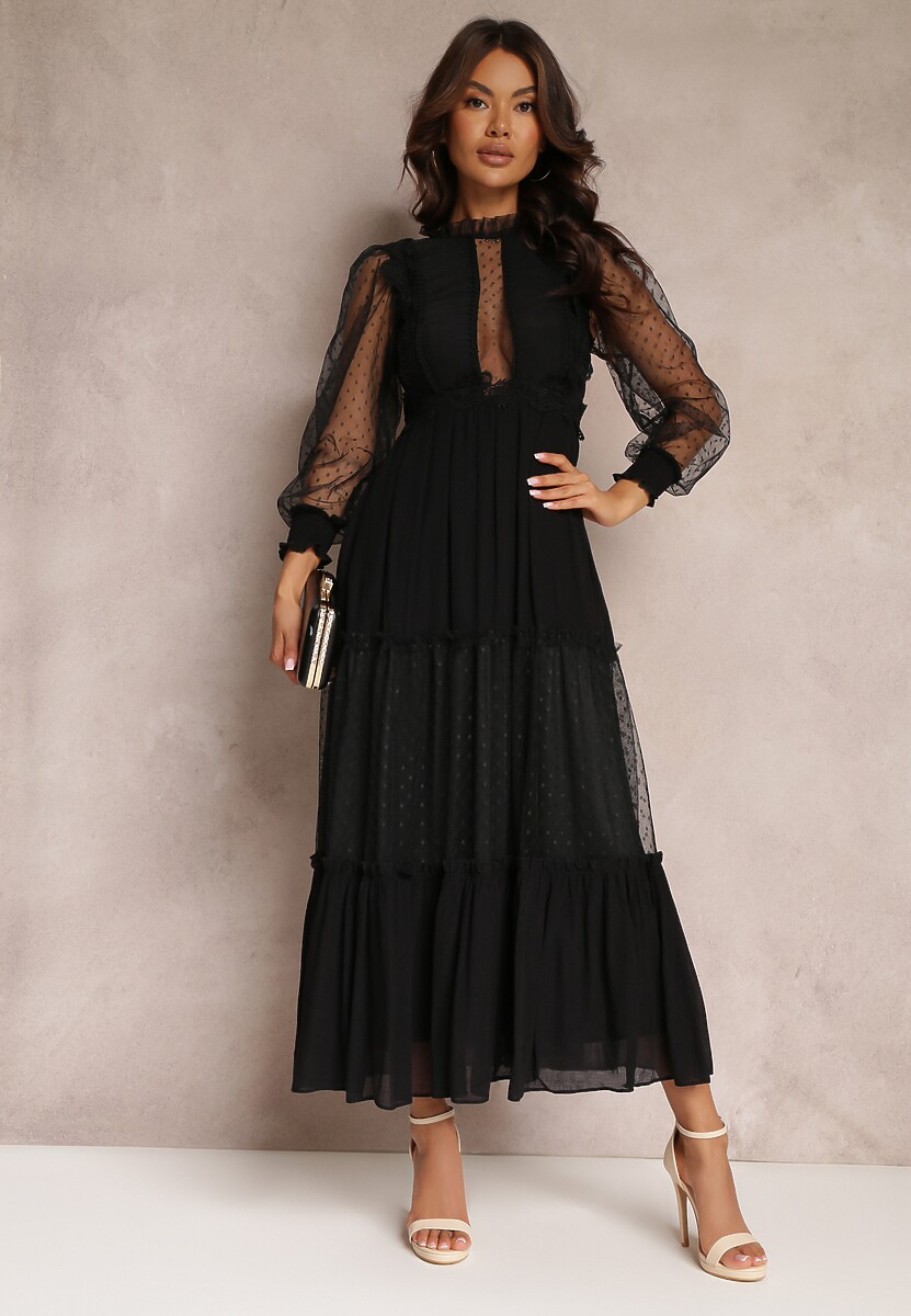 Czarna Sukienka z Bufiastym Rękawem Ozdobiona Tiulowymi Wstawkami Laluna