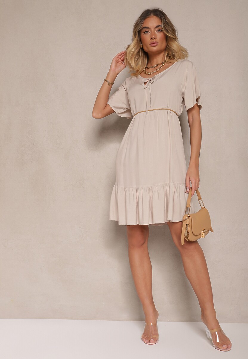 Jasnobeżowa Bawełniana Sukienka Rozkloszowana z Wiązaniem przy Dekolcie Mepova