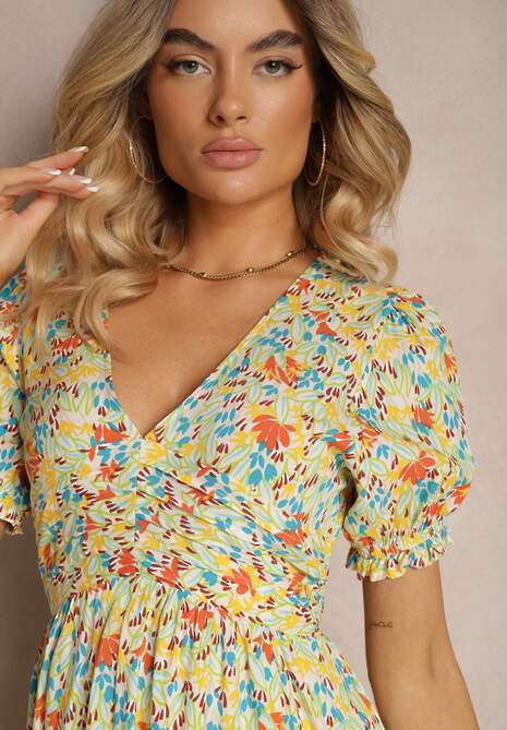 Pomarańczowa Wiskozowa Sukienka Wykończona Marszczeniem Rozcięciem na Nogę i Gumką w Pasie Missalene