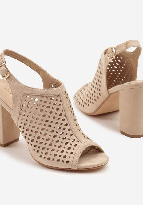 Beżowe Sandały na Słupku z Ażurową Cholewką i  Skórzaną Wkładką Linalira