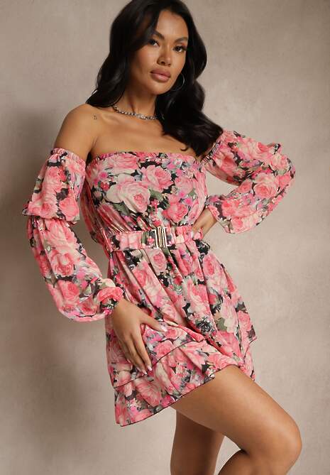 Czarna Sukienka Hiszpanka z Wiskozy w Kwiaty z Paskiem i Falbanami Zelmoi