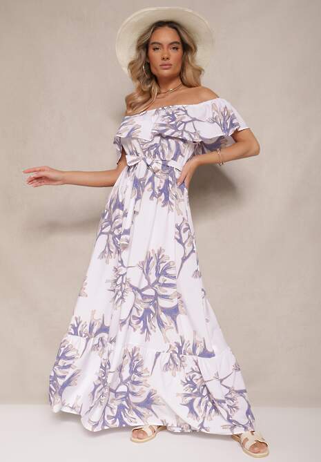 Niebiesko-Biała Rozkloszowana Sukienka Hiszpanka z Wiązaniem w Talii Sesalira