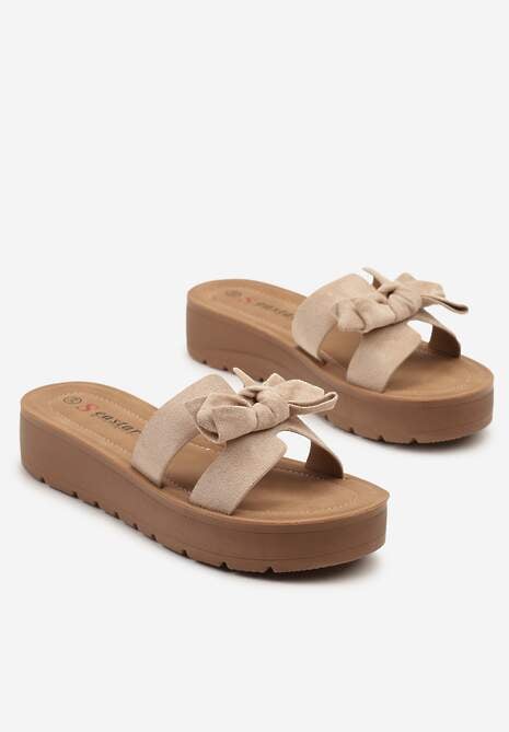 Ciemnobeżowe Klapki na Grubej Podeszwie Ozdobione Kokardą Raviselli