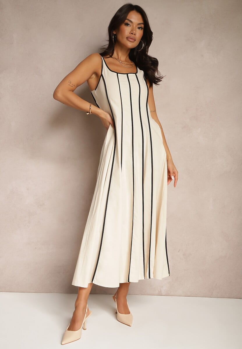 Jasnobeżowa Sukienka z Wiskozą o Rozkloszowanym Kroju w Pionowe Prążki Gonariel