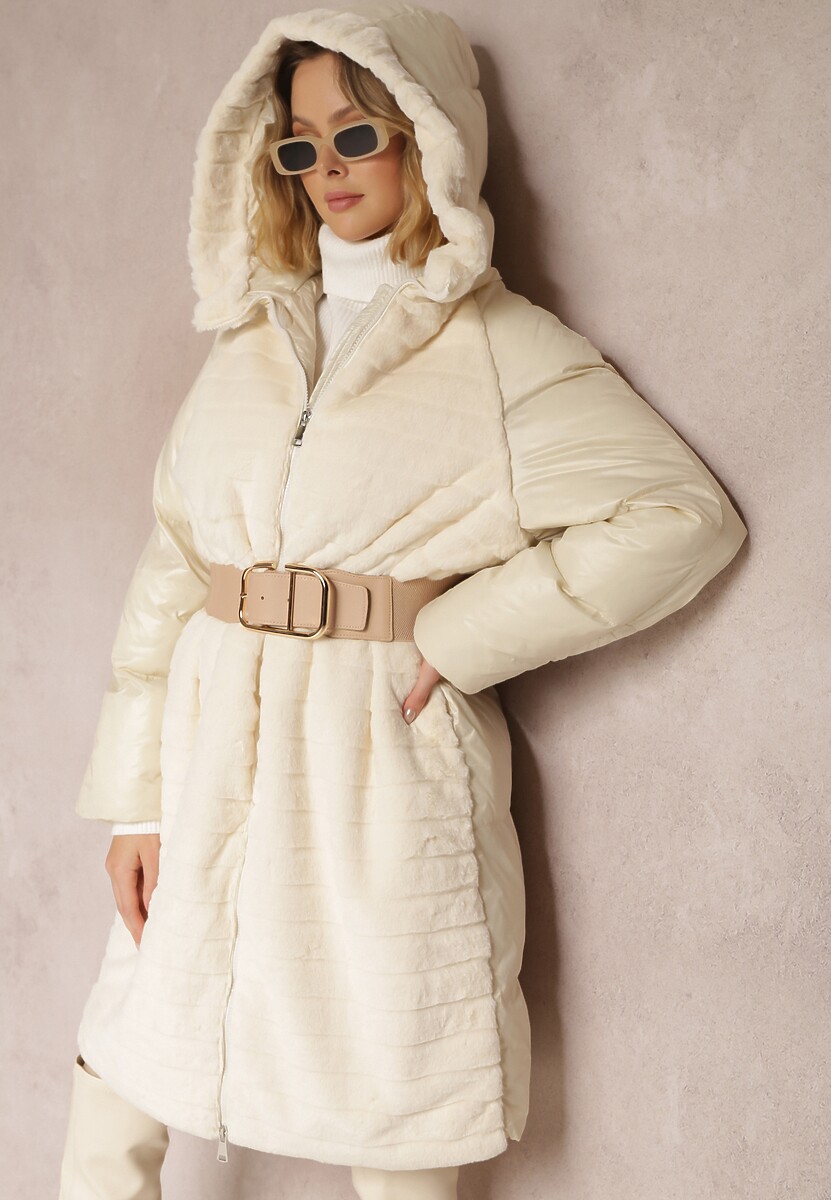 Jasnobeżowa Kurtka Futerko Pikowana z Kapturem Alysa