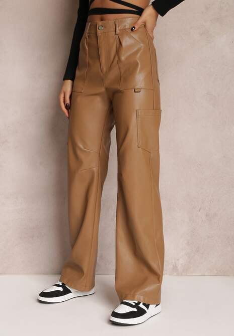 Ciemnobeżowe Spodnie z Imitacji Skóry Szerokie Narash
