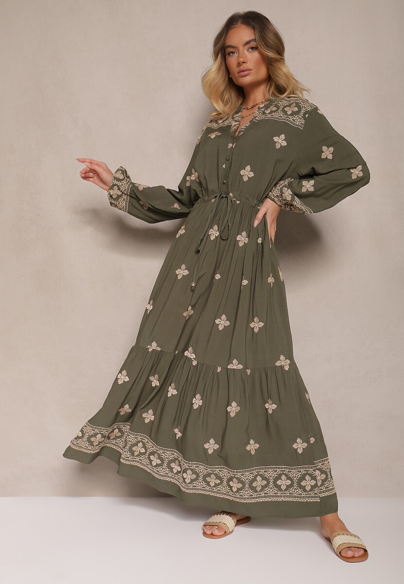 Ciemnozielona Sukienka z Bawełną Haftem i Sznurkiem w Pasie Zenlio