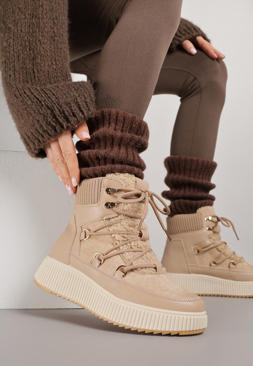 Ciemnobeżowe Śniegowce Trapery Vices na Płaskiej Podeszwie z Futerkiem w Stylu Baranka ze Sznurowaniem Temirits