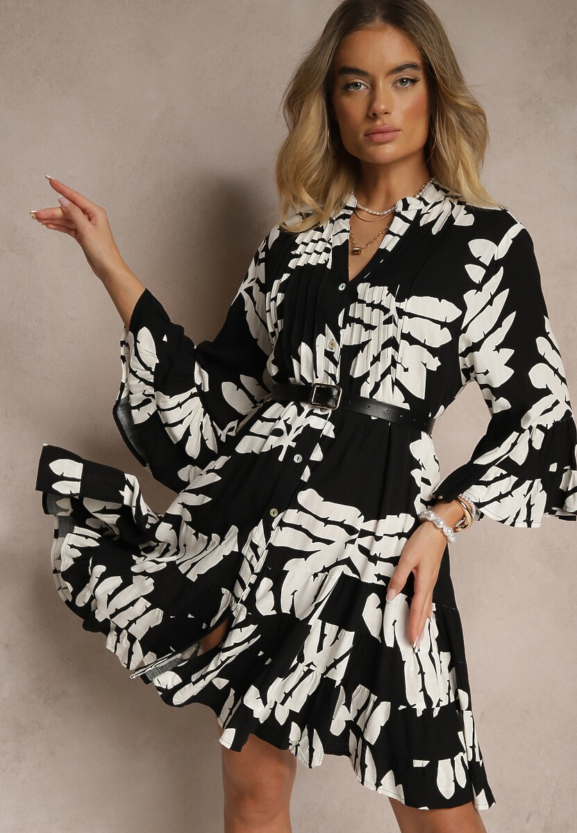 Ciemnobeżowa Koszulowa Sukienka z Wiskozy z Falbankami w Liściasty Wzór Ridiella