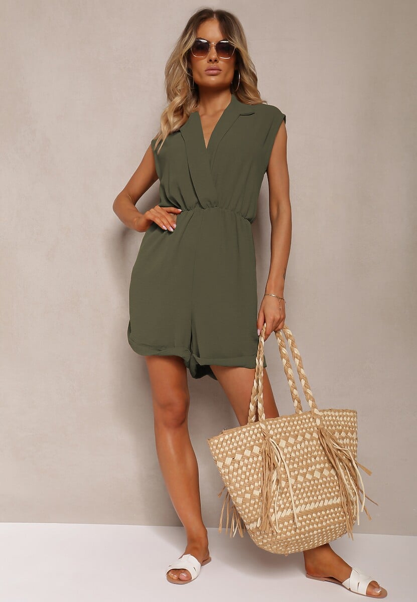 Ciemnozielony Taliowany Kombinezon z Gumką w Pasie i Kopertowym Dekoltem Nansilyne