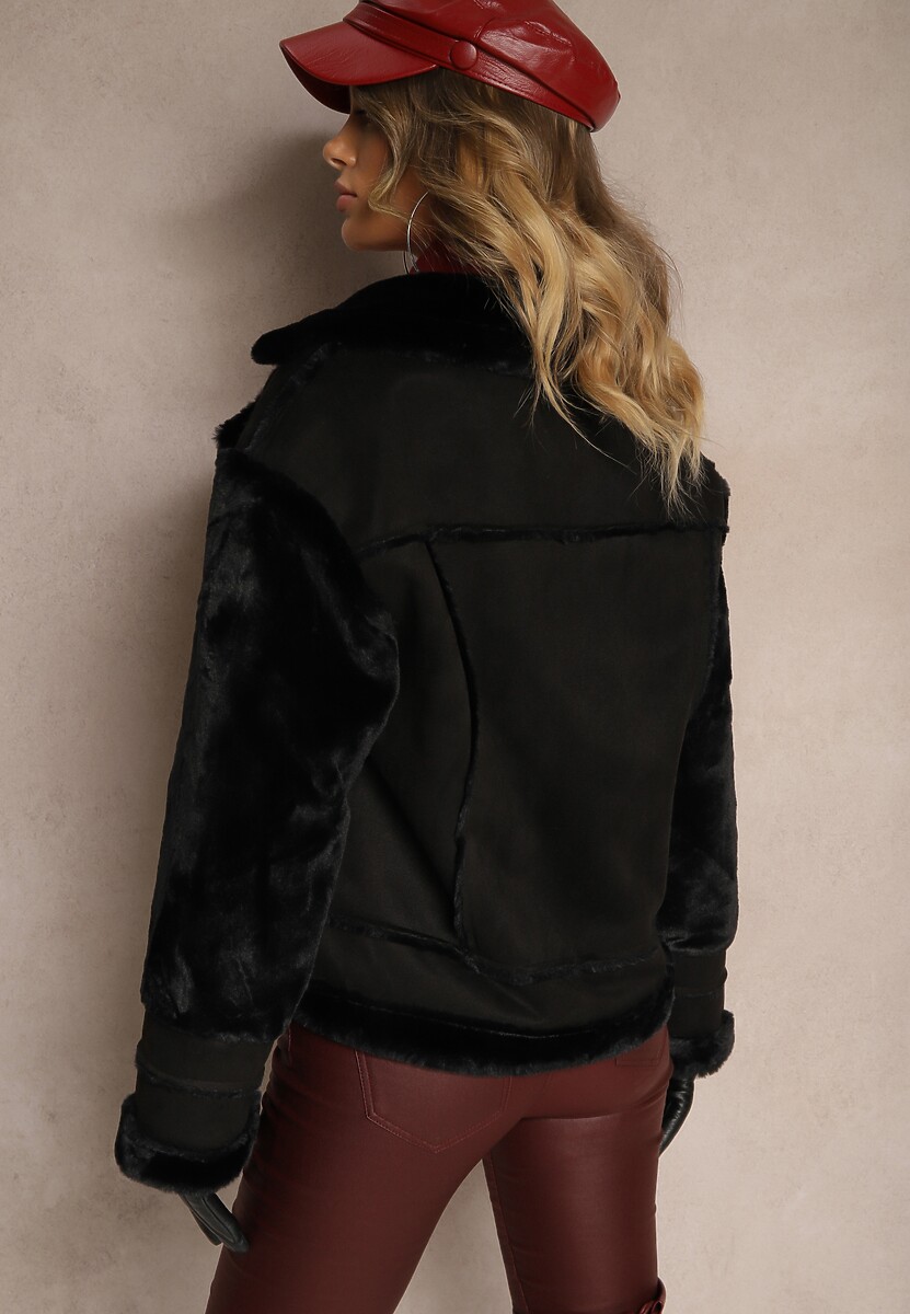 Czarna Ocieplona Kurtka Biker z Futerkiem i Asymetrycznym Zapięciem Lioyana