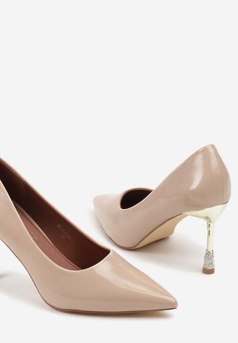 Beżowe Szpilki Lakierowane Vices ze Skórzaną Wkładką Ozdobione Cyrkoniami Cindrie