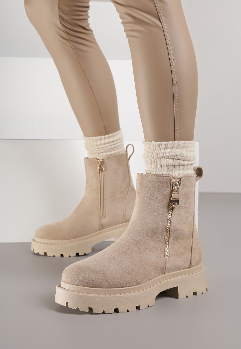 Ciemnobeżowe Płaskie Botki z Suwakiem Tinaferr