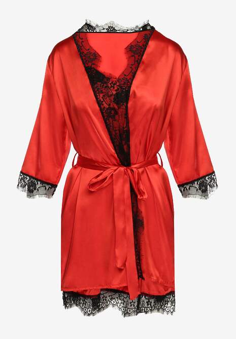 Czerwona Koszula Nocna i Szlaftok z Satyny z Ozdobną Koronką Therine