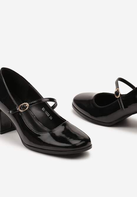Czarne Lakierowane Czółenka na obcasie z Ozdobnym Cienkim Paskiem Noobeta