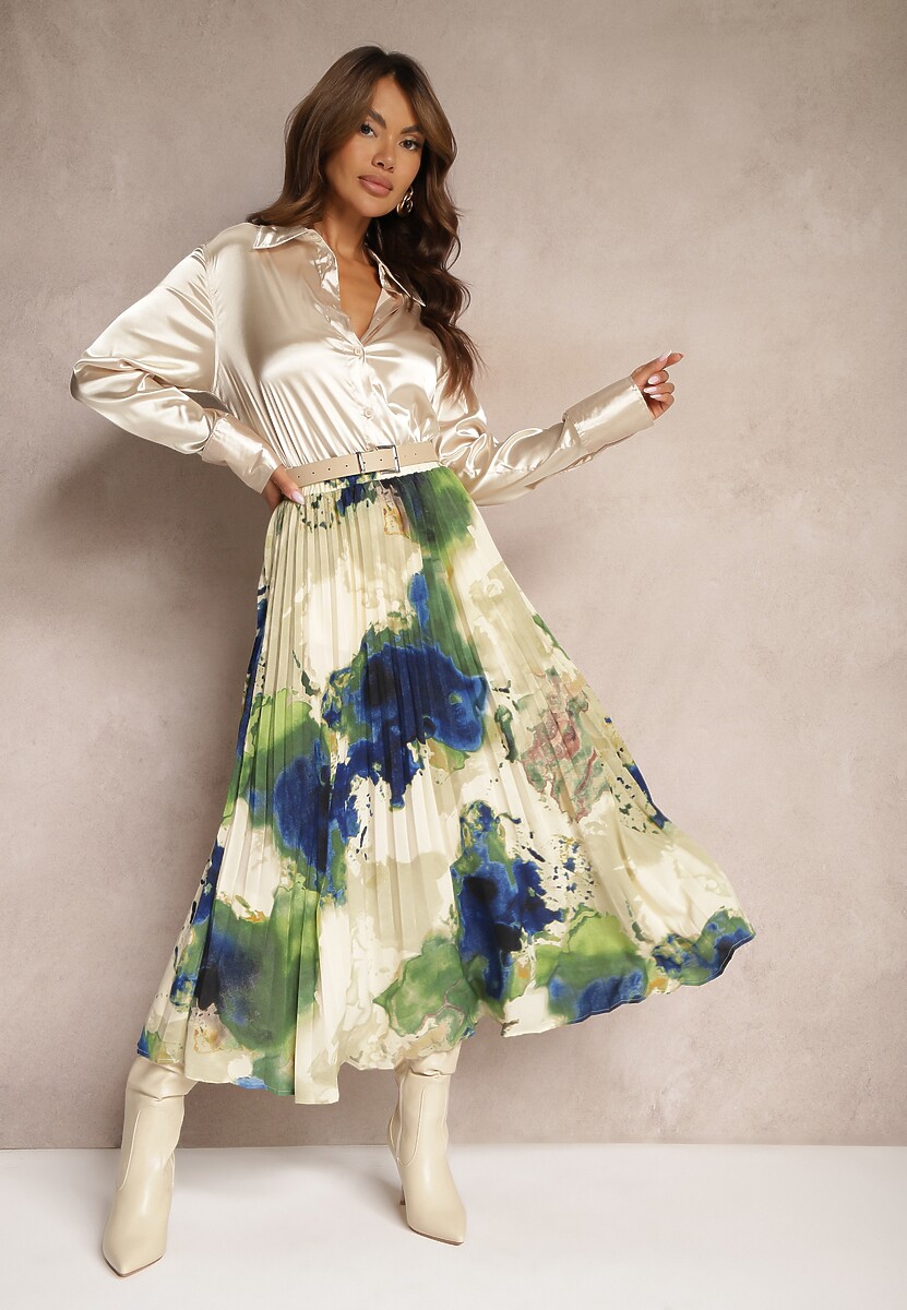 Granatowo-Zielona Spódnica z Plisowanej Tkaniny z Gumką w Talii Symbiote