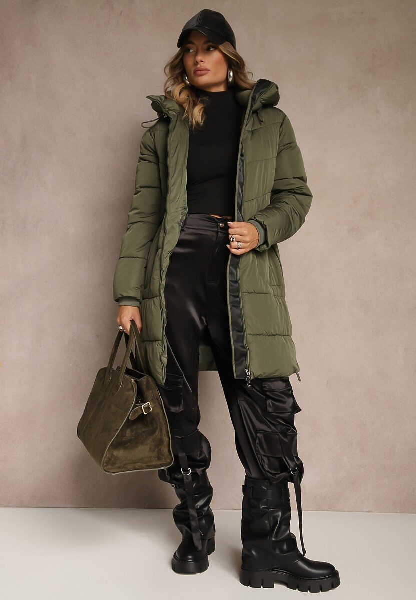 Ciemnozielona Pikowana Kurtka z Kapturem i Bocznymi Suwakami Lundrie