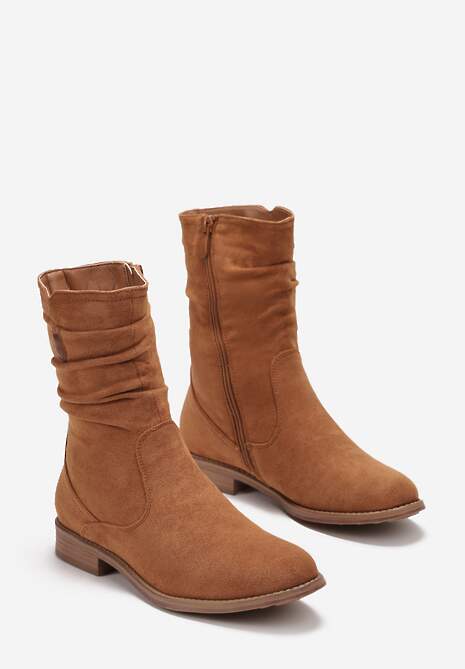 Brązowe Botki do Połowy Łydki z Imitacji Zamszu i Marszczoną Cholewką Alemiphae