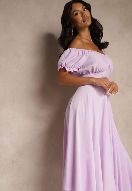 Fioletowa Sukienka Hiszpanka z Bawełną Ozdobiona Bufkami Lunoria