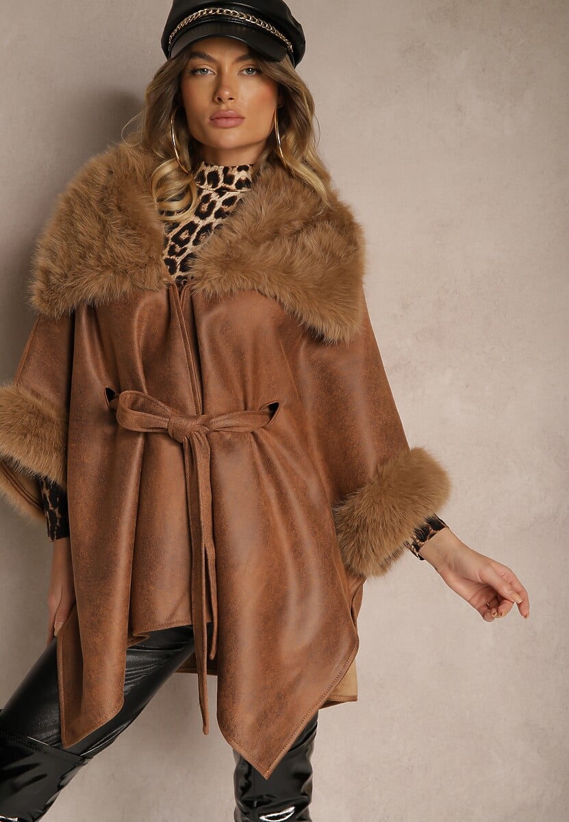 Brązowy Płaszcz Ozdobiony Futerkiem z Wycięciami Wiązany w Pasie Toriadia