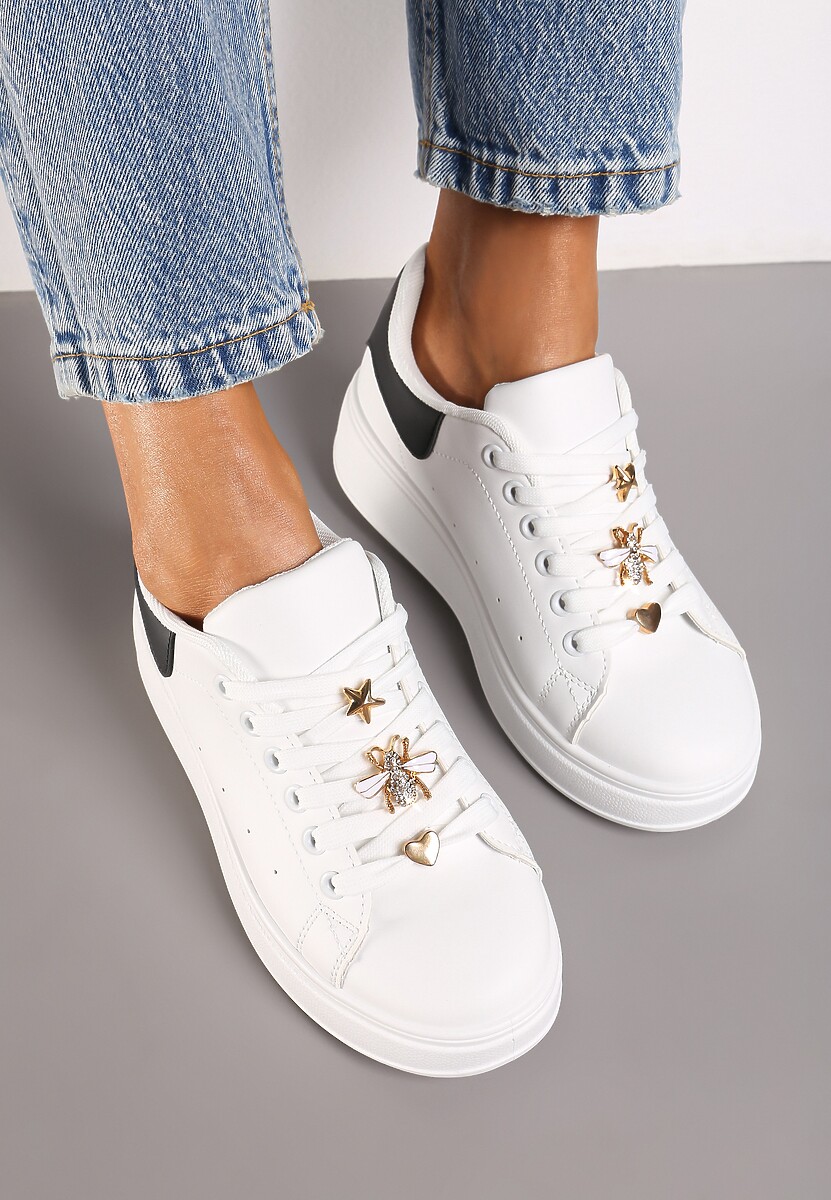 Biało-Czarne Sneakersy na Platformie Wykończone Cyrkoniowymi Aplikacjami Vliorina