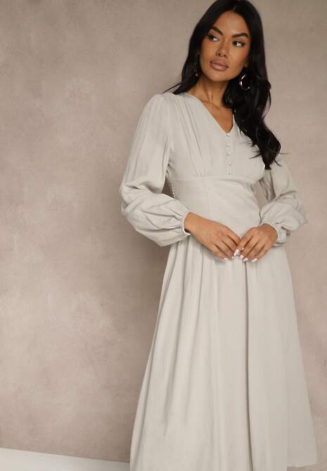 Beżowa Gorsetowa Sukienka z Wiskozą z Guzikami i Bufiastymi Rękawami Ahlite