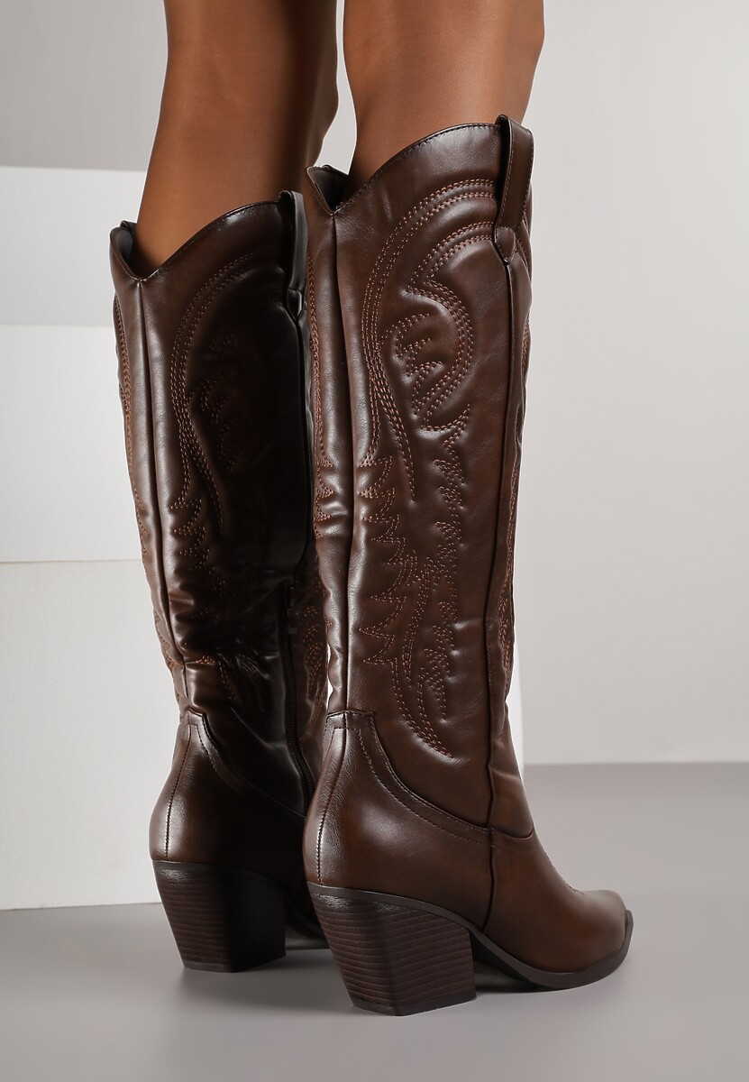 Brązowe Kozaki Kowbojki na Stożkowym Obcasie Zdobione Przeszyciami Lumifera