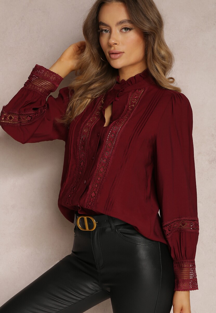 Granatowa Koszula ze Stójką i Koronką Phaeninca