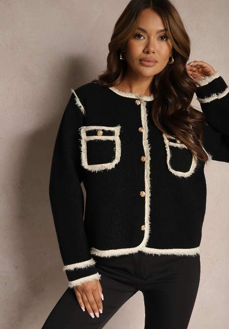 Czarny Rozpinany Kardigan w Eleganckim Stylu z Nitami i Lamówką Irinalea