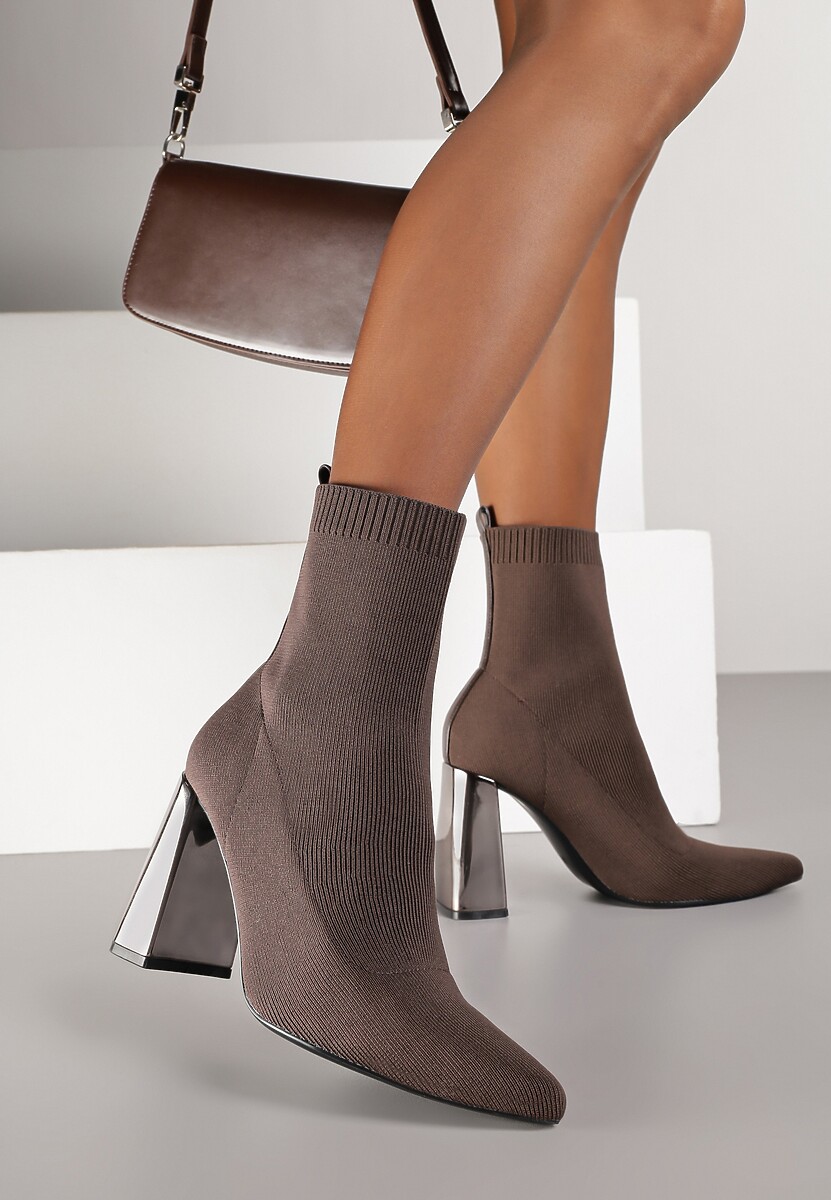 Brązowe Botki Vices na Słupku ze Skarpetową Cholewką Falacesa