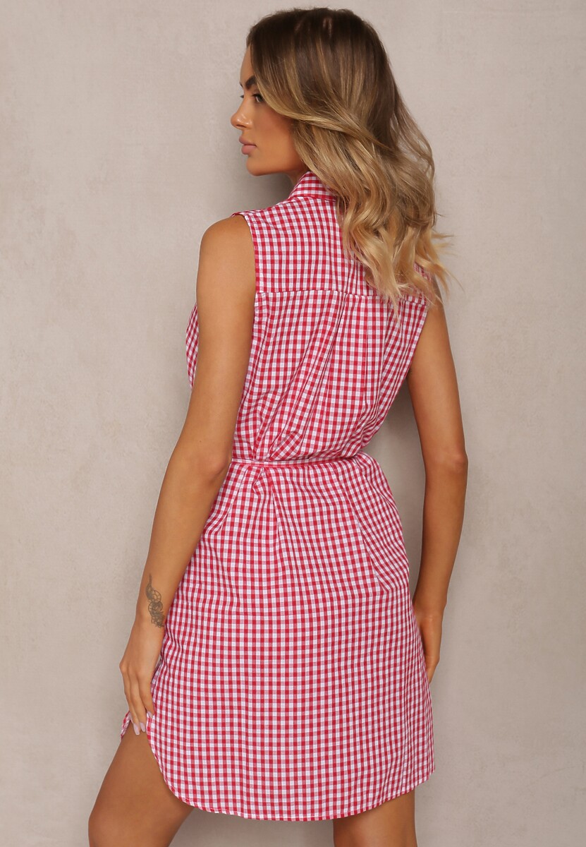 Czerwona Wiskozowa Sukienka o Koszulowym Kroju z Paskiem w Talii Rivaelles