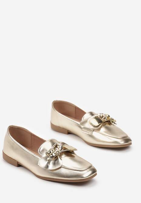 Złote Mokasyny z Ekozamszu Ozdobione Kokardą i Klamrą z Misiem Koralia