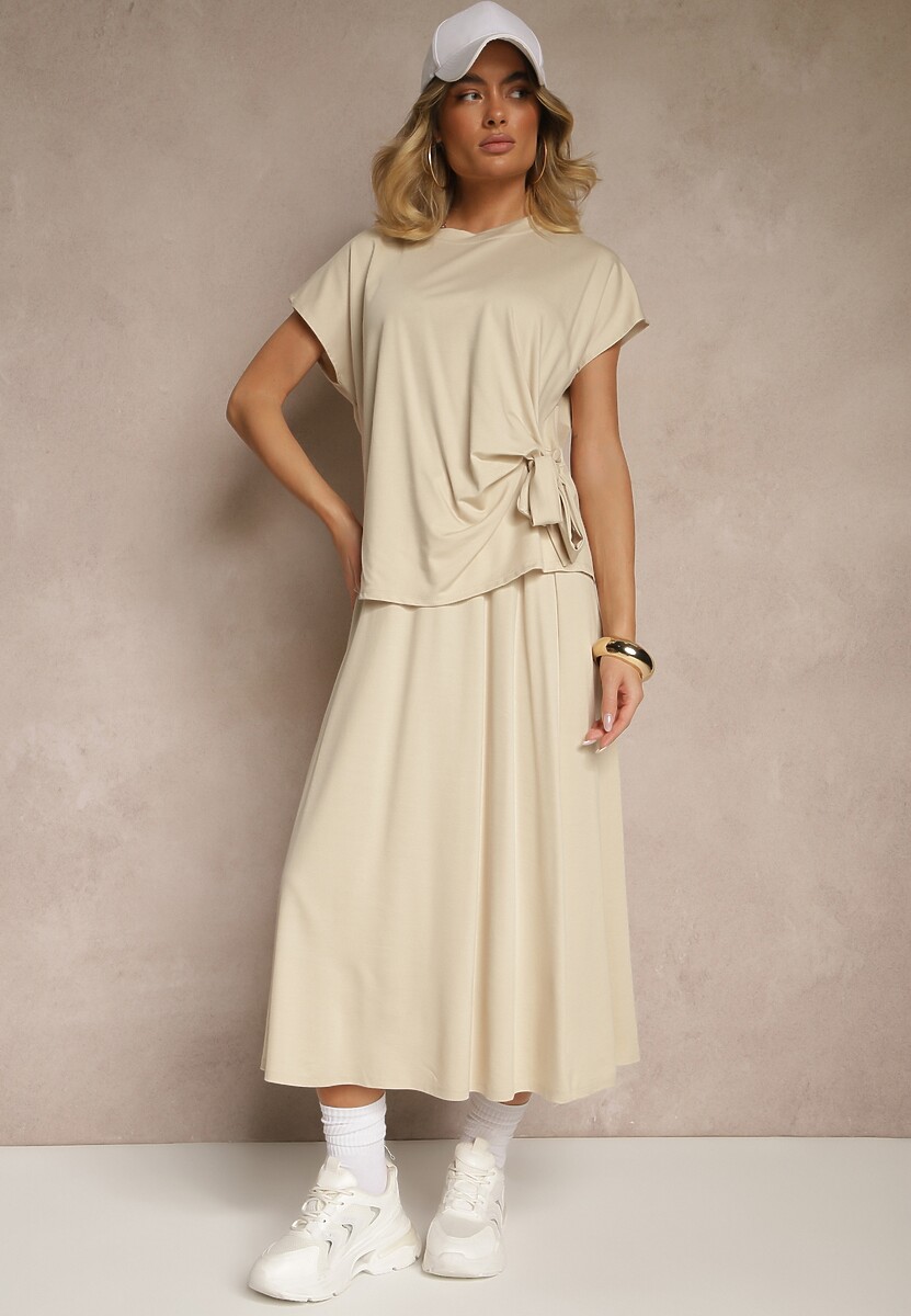 Beżowy Komplet z Wiskozą Spódnica i Bluzka Zdobiona Wiązaniem w Talii Davisavina