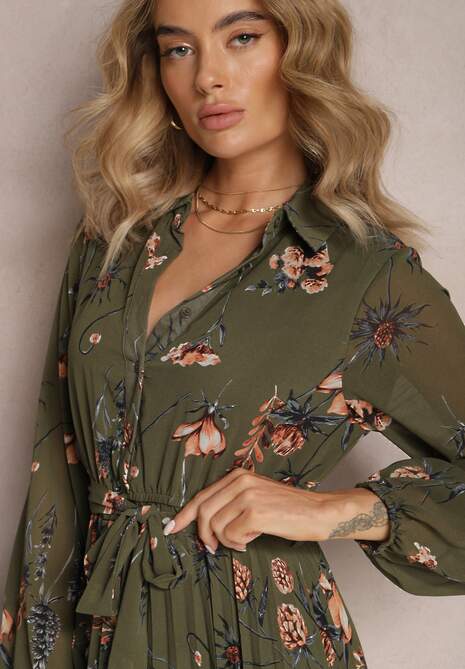 Ciemnozielona Sukienka Plisowana w Kwiaty Emiranda