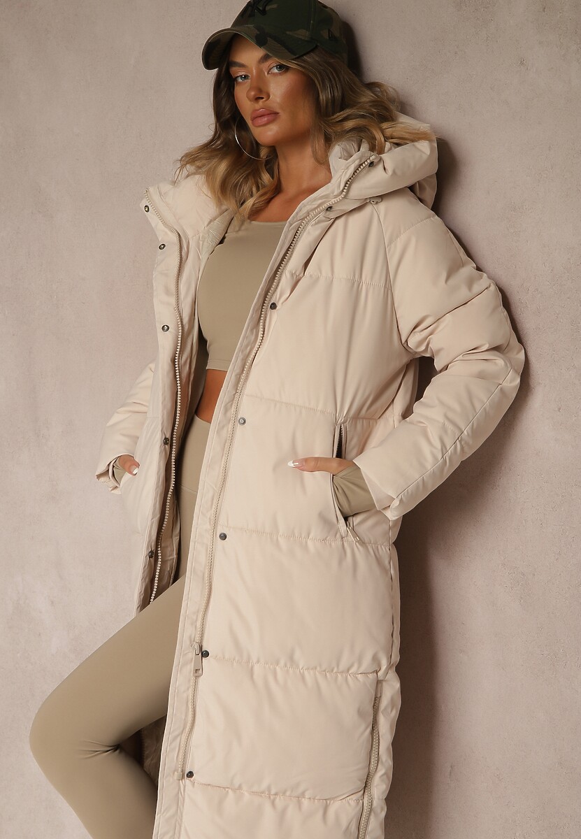 Jasnobeżowa Zimowa Kurtka z Pikowanymi Przeszyciami Kapturem i Suwakami Gionea