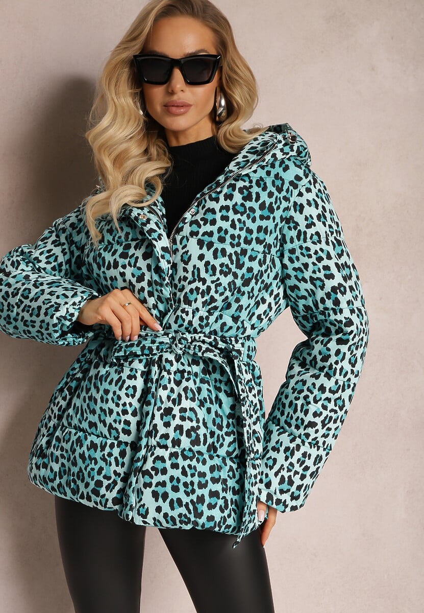 Jasnozielona Kurtka w Panterkę z Pikowaniem i Wiązanym Paskiem Amivea