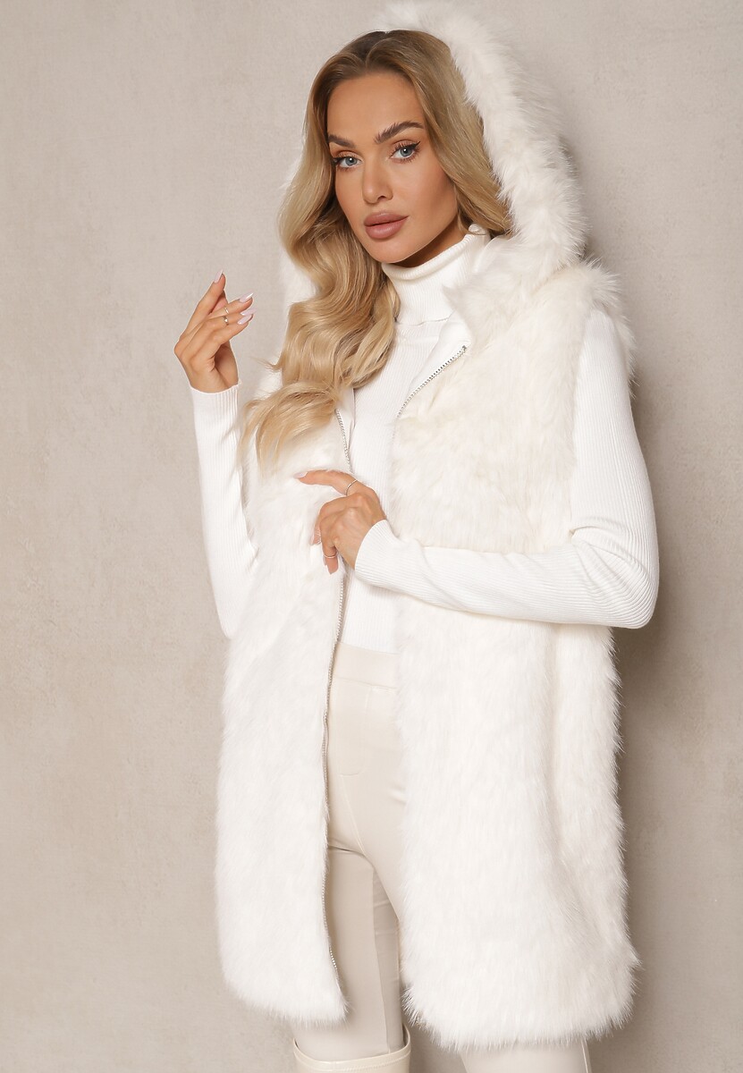 Beżowa Kamizelka z Futerkiem i Kapturem o Prostym Kroju Sinavira