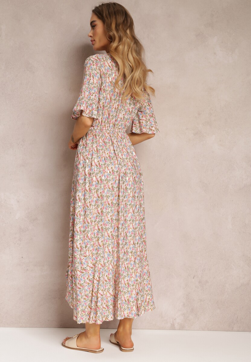 Biało-Różowa Wiskozowa Sukienka Midi w Kwiaty z Gumką w Talii i Falbanką Nothy