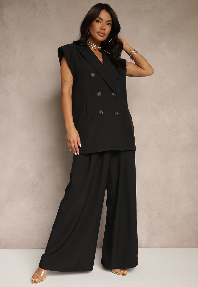 Czarne Spodnie Garniturowe o Szerokim Kroju High Waist Peavelle