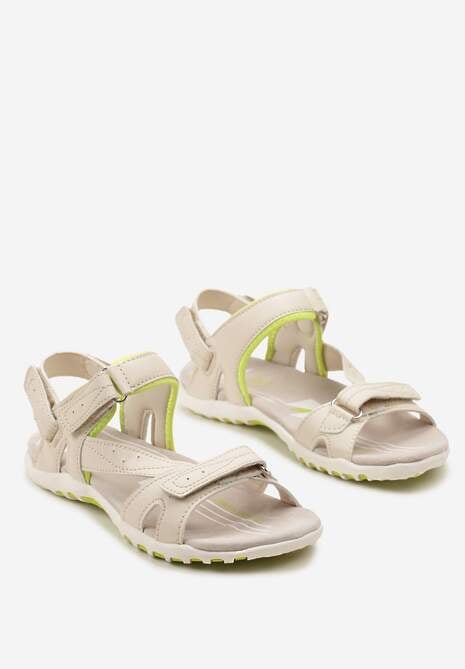 Beżowo-Zielone Sportowe Sandały z Rzepami i Wkładką ze Skóry Naturalnej Marivea